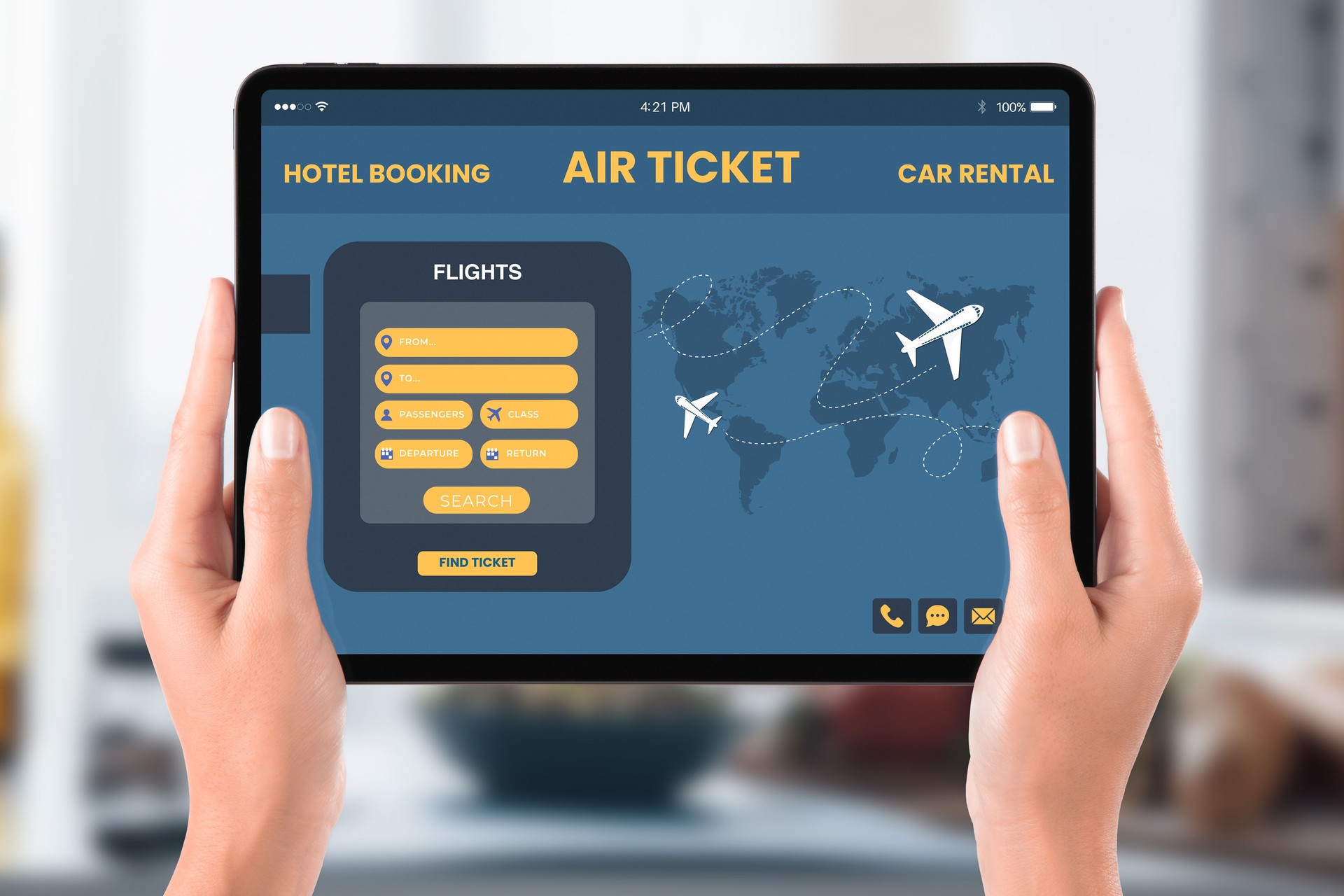 All-in-One Travel Planner: Hotel, Flight, and Car Rental Booking Interface on Tablet