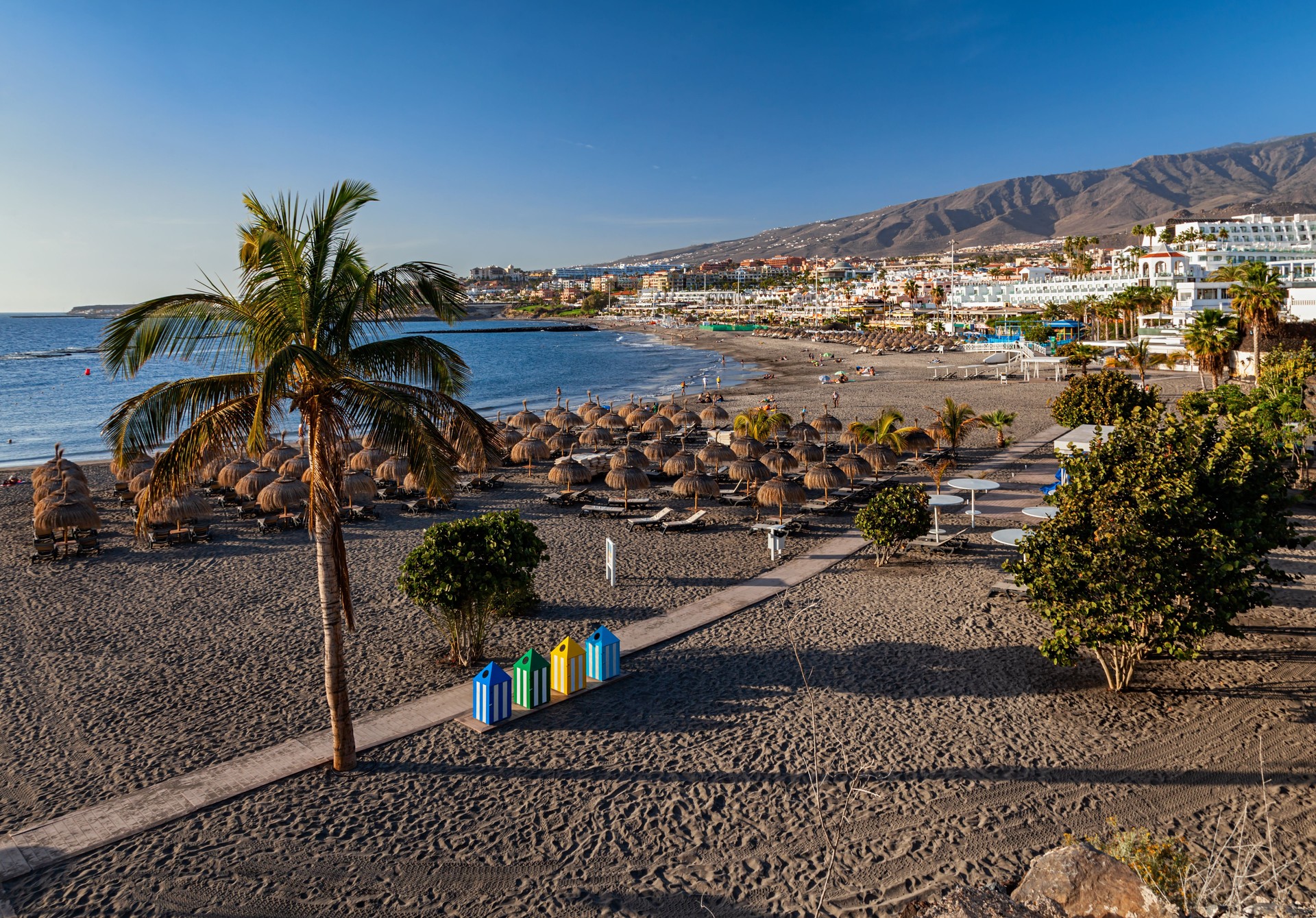 Panorama of Playa de Fanabe beach and Playa de las Americas resort, Tenerife, Canary islands, Spain.