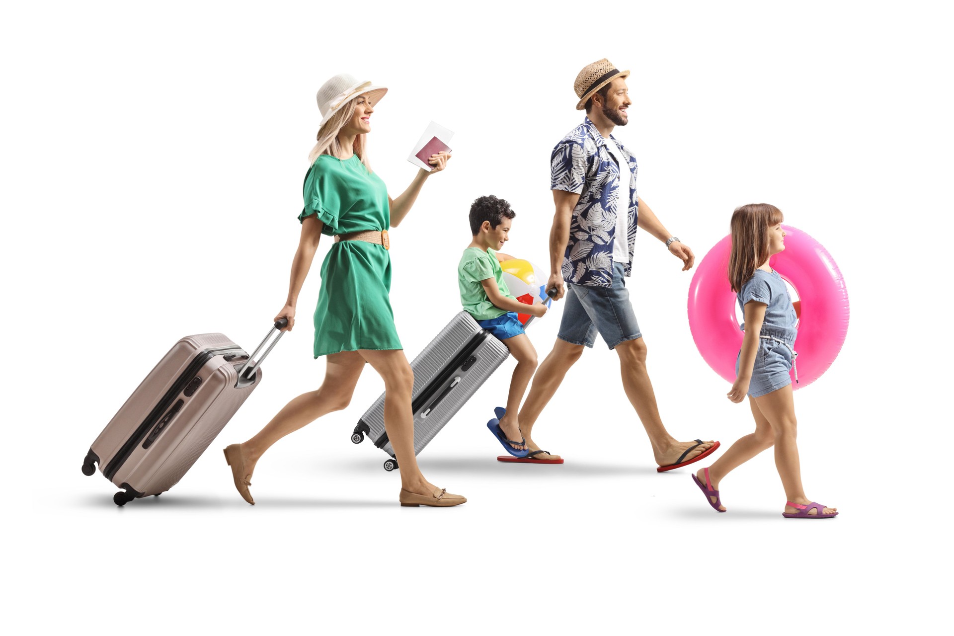 Family going on a summer vacation with suitcases and beach accessories