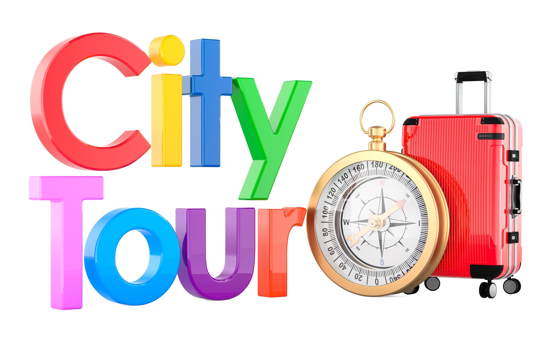 City tour with suitcase and compass. Tourism, travel and adventure concept. 3D rendering