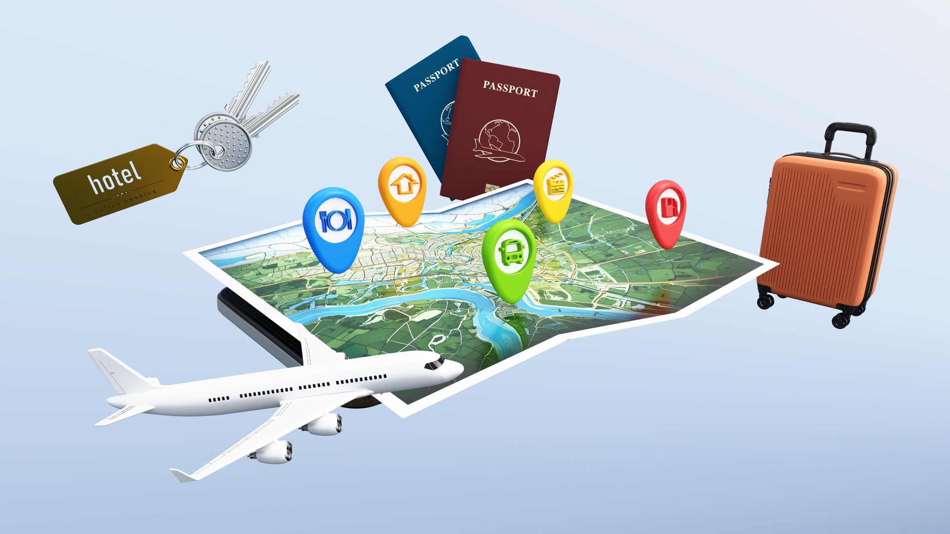Planning a future trip with travel essentials like maps, passports, and an airplane over a smartphone screen. Travel planning concept Planning a future trip with travel essentials like maps, passports, and an airplane over a smartphone screen. Travel planning concept
