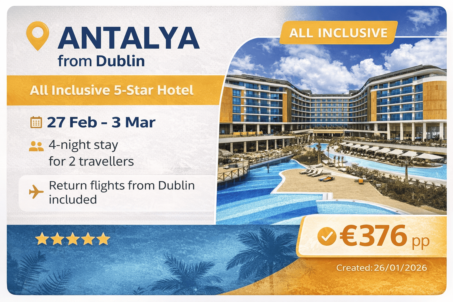 5 star all inclusive holiday in Antalya from Dublin with flights included