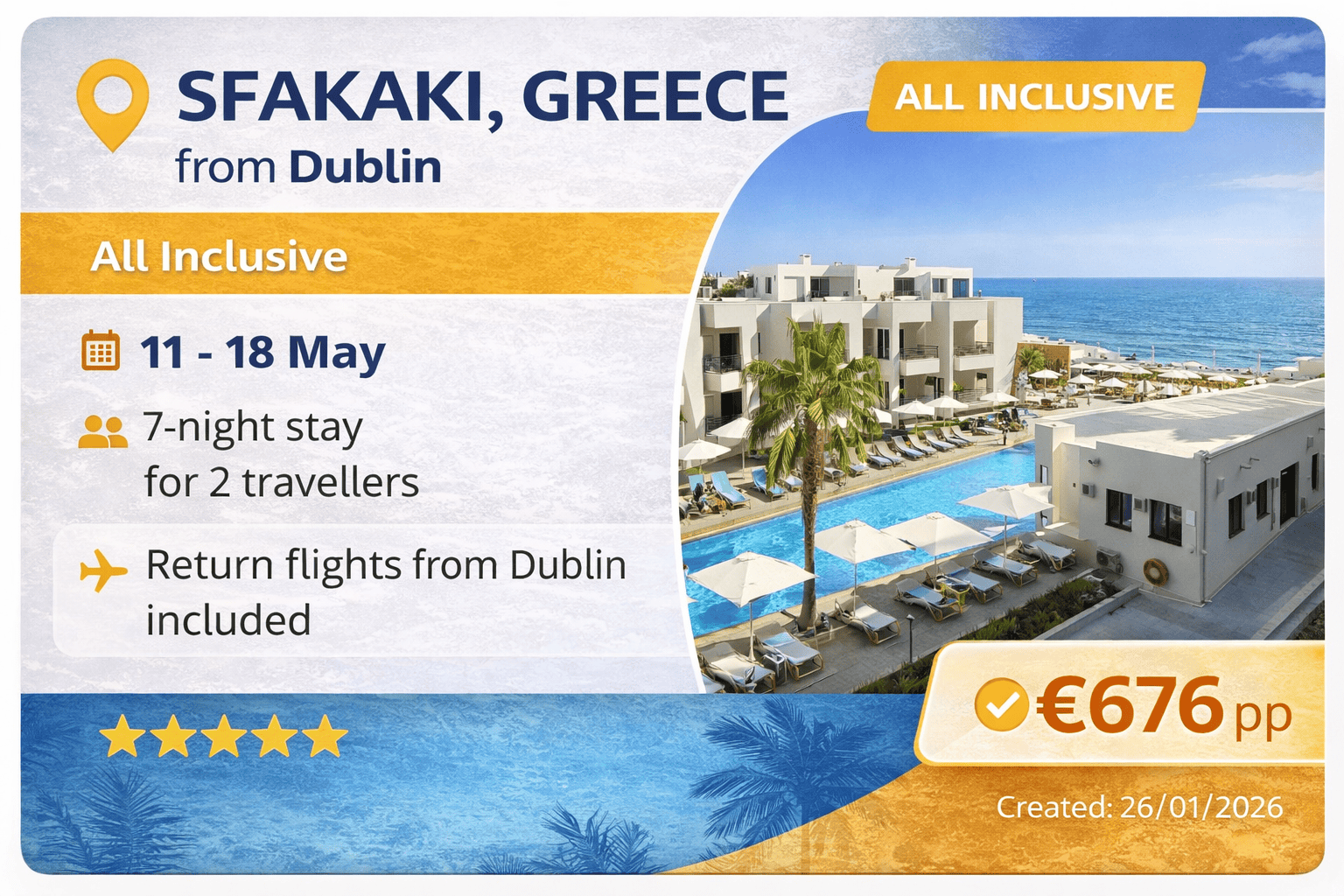 All inclusive holiday in Sfakaki Crete from Dublin with flights included