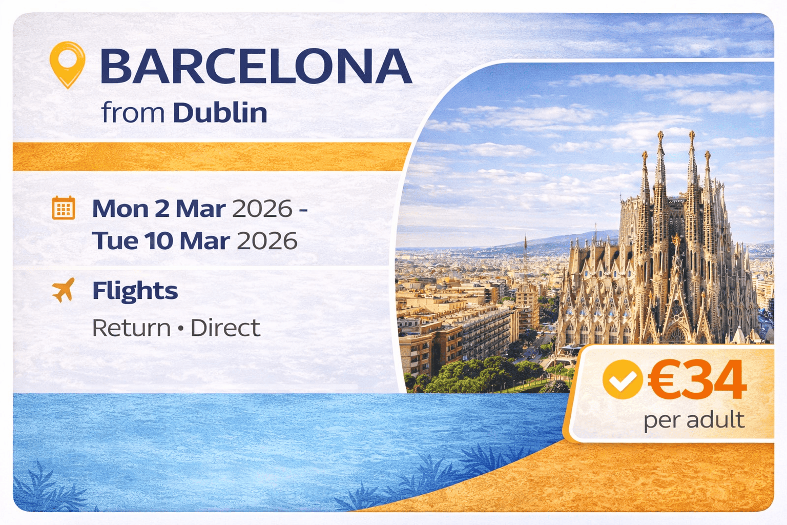 Cheap flights from Dublin to Barcelona €34 return