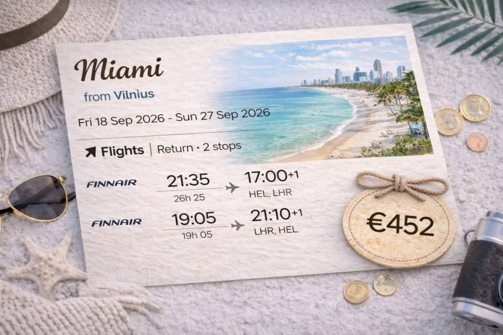Miami city break from Vilnius – return flights deal €452 per person with Miami skyline travel card.