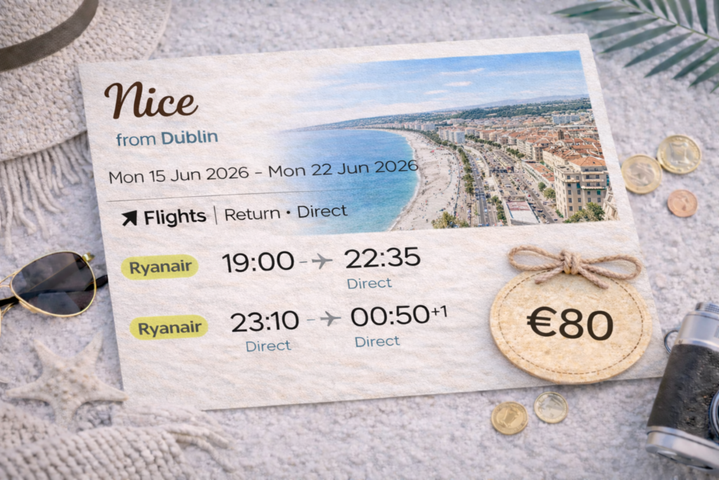 Nice from Dublin – direct Ryanair flights, 15–22 June 2026, return from €80