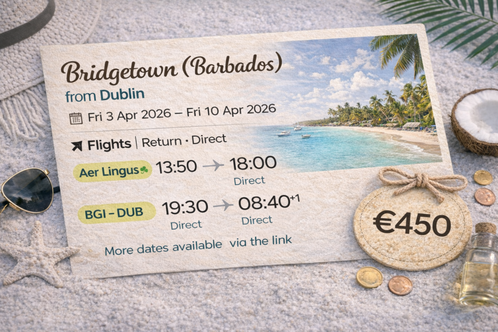Direct flights from Dublin to Bridgetown, Barbados – return flight deal from €450, Aer Lingus Caribbean travel offer