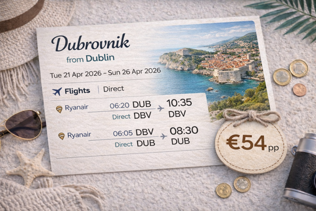 Cheap direct flights from Dublin to Dubrovnik, Croatia – return flights from €54. Dubrovnik Old Town coastline with turquoise Adriatic Sea and medieval city walls. Perfect Mediterranean city break.