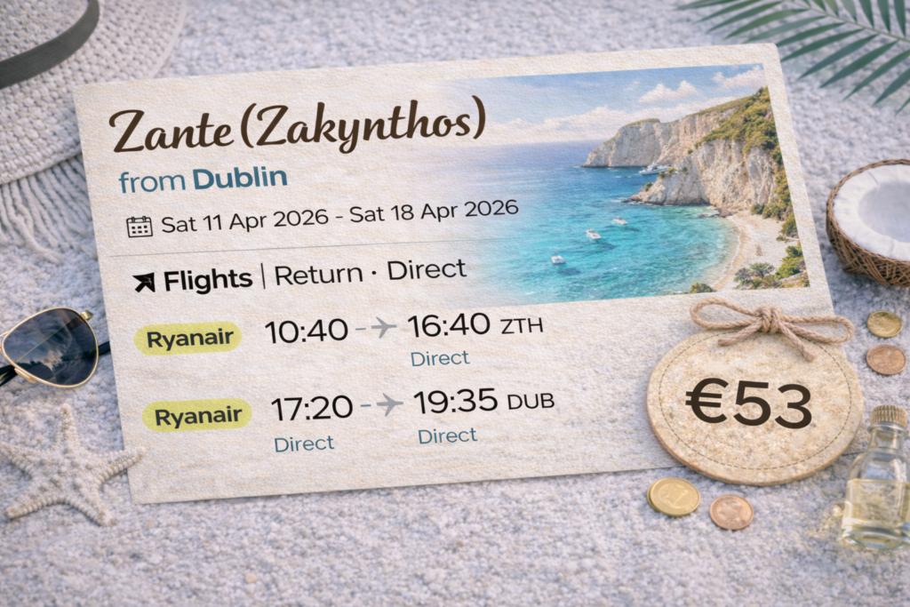 Zante (Zakynthos) flight deal card from Dublin showing return direct Ryanair flights from 11 to 18 April 2026 for €53 per person, with turquoise beach, cliffs, and island scenery in the background.