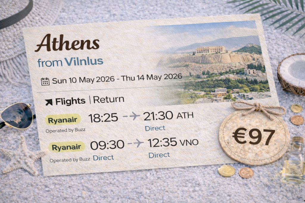 Pigių skrydžių pasiūlymas iš Vilniaus į Atėnus – tiesioginiai Ryanair skrydžiai 2026 m. gegužės 10–14 d. už 97 €, Graikijos miesto panorama su Akropoliu.
