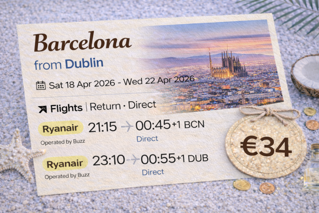 Cheap direct return flights from Dublin to Barcelona for €34 per person, travel dates 18–22 April 2026. Ryanair late evening departures with Barcelona city skyline and Sagrada Familia in background