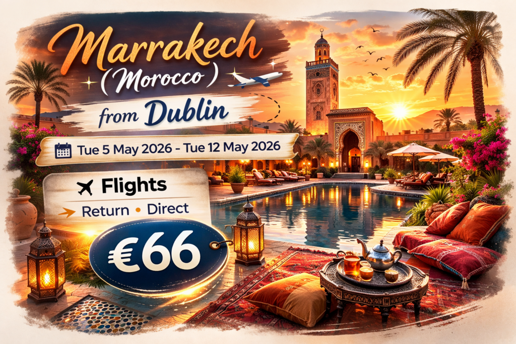 Direct Ryanair flights from Dublin to Marrakech (RAK) showing outbound 21:20–01:00 and return 17:10–20:55, with prices from €65 and “Flight + Hotel Deals” section below.