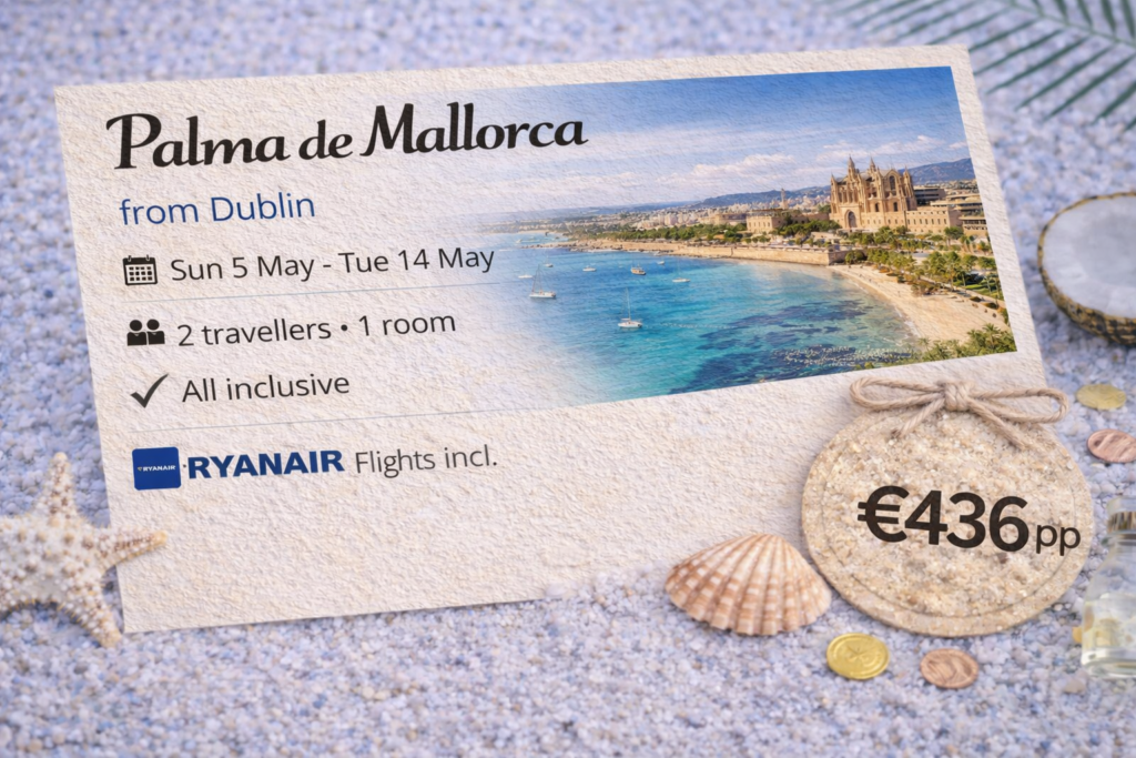 Palma de Mallorca all inclusive holiday from Dublin with Ryanair flights included, beach resort and price from €436 per person