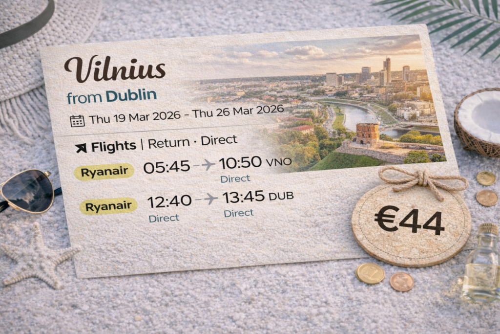 Direct Ryanair flights from Dublin to Vilnius from €44 return. Travel dates Thu 19 Mar – Thu 26 Mar 2026. Outbound 05:45 DUB – 10:50 VNO, return 12:40 VNO – 13:45 DUB. Budget city break deal from Dublin to Vilnius.