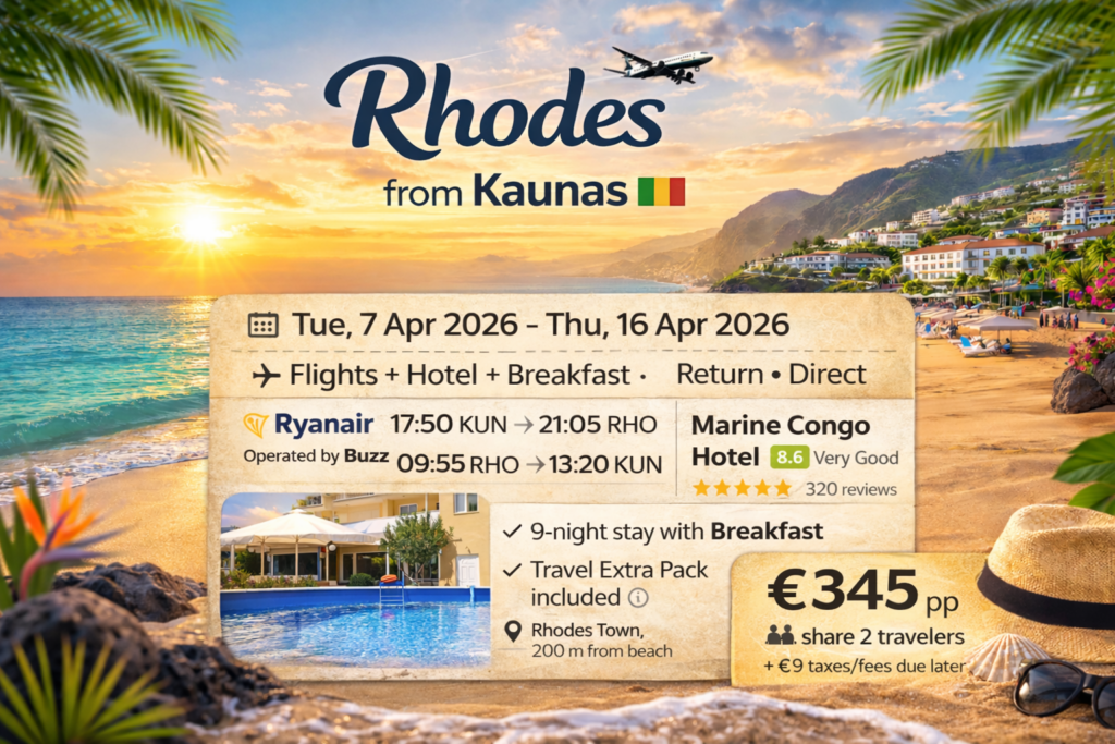 Rhodes from Kaunas flight and hotel package with breakfast – 9 nights direct return €345 per person