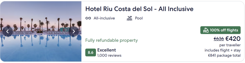 All-inclusive holiday in Fuengirola, Spain from Dublin – 4-night stay with return flights, beachfront hotel, deposit from €110 and total price €374 per person.