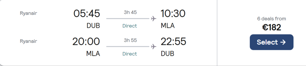 Valletta Malta city break from Dublin with direct return flights, historic harbour views and old town skyline – return flights only €182 per adult