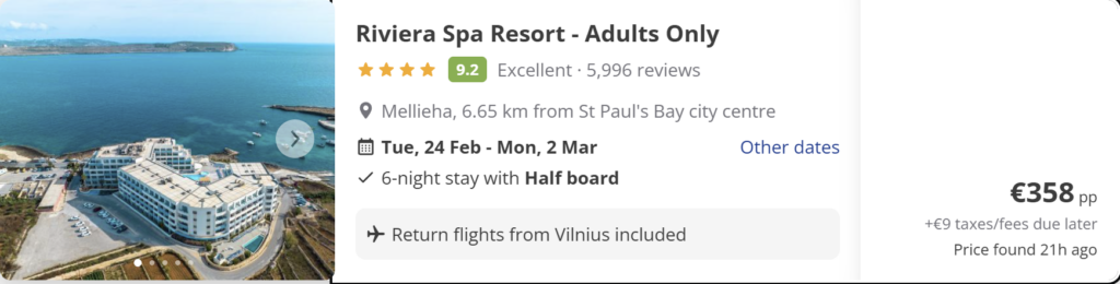 Malta holiday package from Vilnius with half board, seaside spa resort in Mellieha, 6-night stay for two travellers from €374 per person