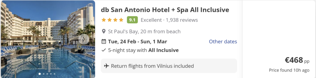 Malta holiday package from Vilnius with half board, seaside spa resort in Mellieha, 6-night stay for two travellers from €374 per person