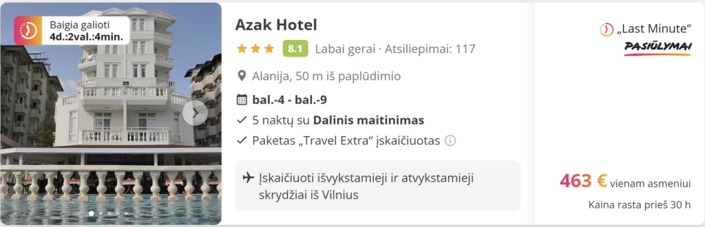 Paskutinės minutės kelionių pasiūlymai su pigiais skrydžiais ir atostogomis iš Lietuvos ir Airijos. Atrask naujausius travel deal’us į populiarias kryptis Europoje ir egzotinėse šalyse – sutaupyk planuodamas spontanišką išvyką.