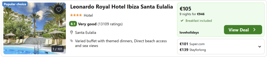 Ibiza flight deal from Dublin, return direct flights 12–21 May 2026, price €69, turquoise beach background travel postcard design.