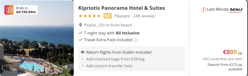 All inclusive Kos holiday from Dublin, 5-star resort, 7-night stay for two travellers, travel dates 12–19 June, price €809 per person, beach resort postcard design.