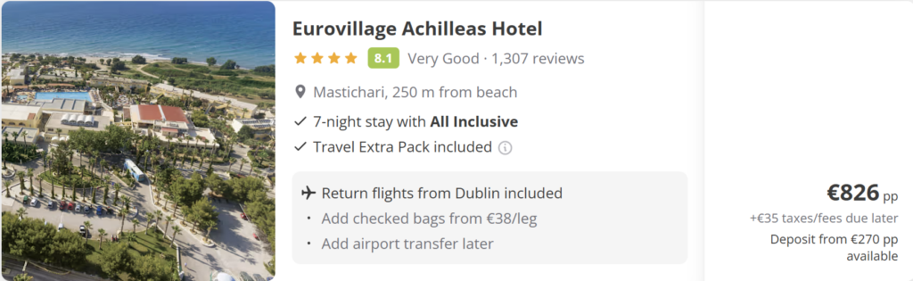 All inclusive Kos holiday from Dublin, 5-star resort, 7-night stay for two travellers, travel dates 12–19 June, price €809 per person, beach resort postcard design.