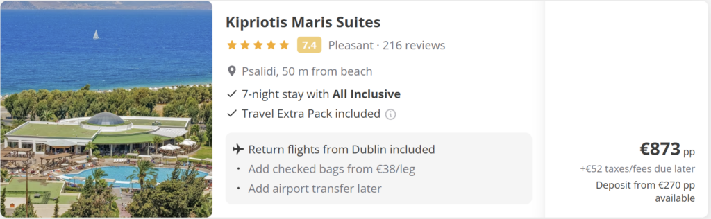 All inclusive Kos holiday from Dublin, 5-star resort, 7-night stay for two travellers, travel dates 12–19 June, price €809 per person, beach resort postcard design.