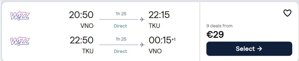 Turku Finland flight deal from Vilnius, return direct flights 19–26 May 2026, price €29, Wizz Air, river and cathedral travel postcard design.