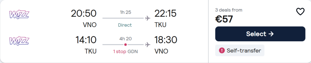 Turku Finland flight deal from Vilnius, return direct flights 19–26 May 2026, price €29, Wizz Air, river and cathedral travel postcard design.