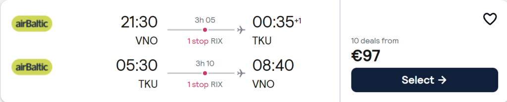 Turku Finland flight deal from Vilnius, return direct flights 19–26 May 2026, price €29, Wizz Air, river and cathedral travel postcard design.