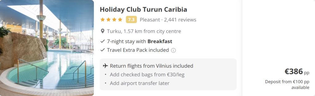 Turku Finland flight deal from Vilnius, return direct flights 19–26 May 2026, price €29, Wizz Air, river and cathedral travel postcard design.