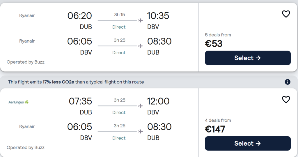 Cheap direct flights from Dublin to Dubrovnik April 2026 – Ryanair return flights €54 per person, Dubrovnik Old Town and Adriatic Sea travel deal card.
