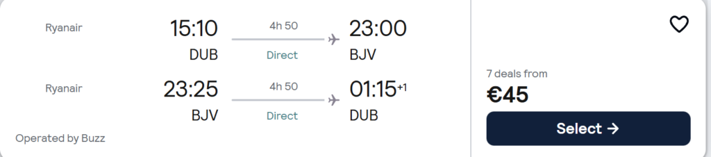 Direct flights Dublin to Bodrum from €45 return. Beautiful Bodrum coastline with turquoise sea and beach views.