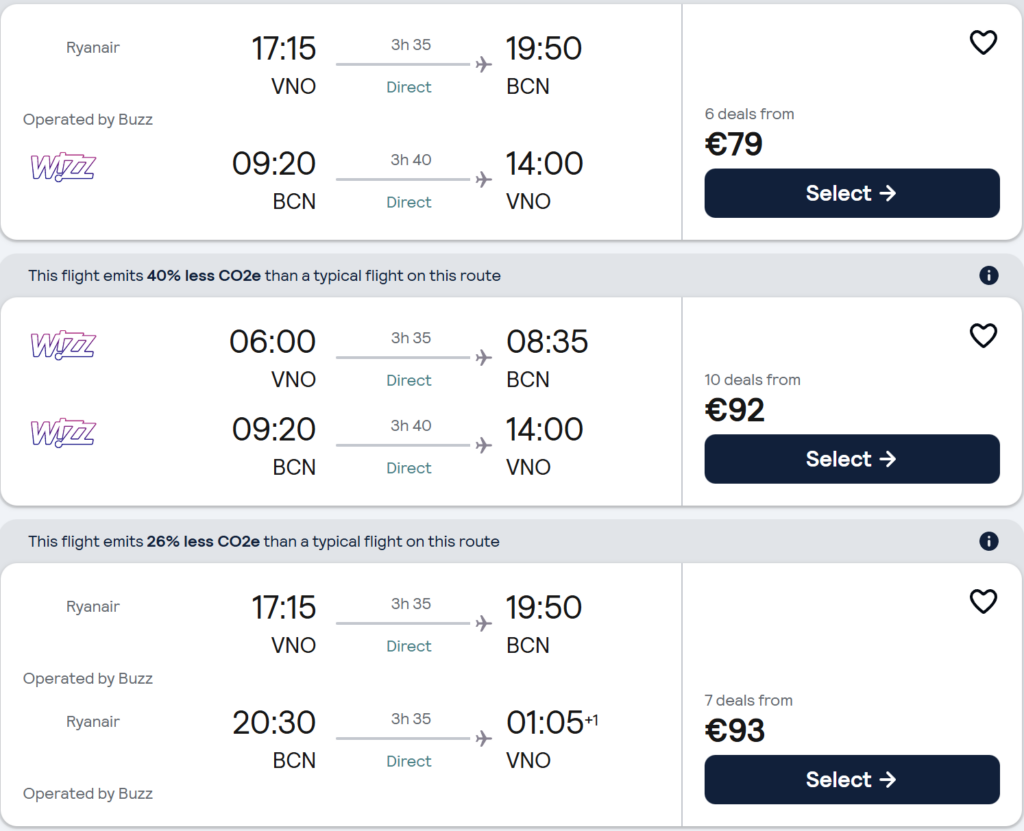 Cheap direct flights from Vilnius to Barcelona from €76 return. Barcelona beach and city skyline with travel dates March 17–24, 2026. Budget city break to Spain.