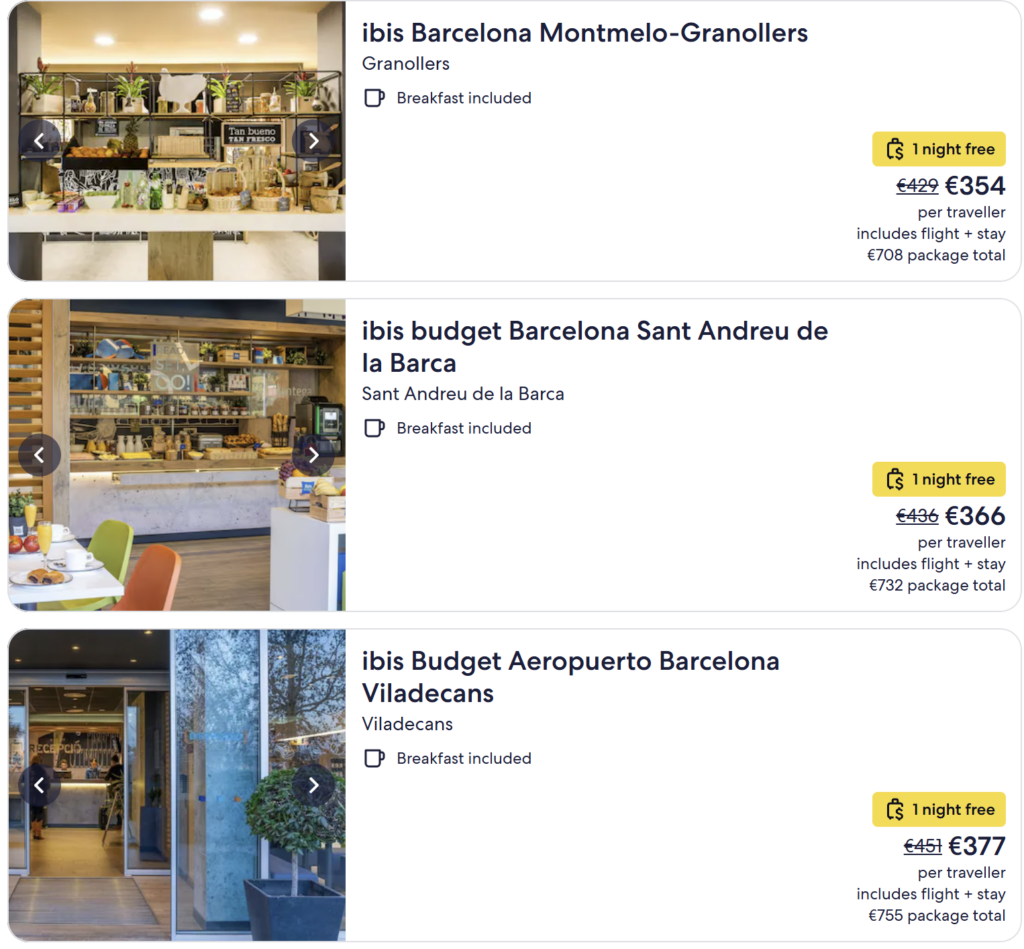 Cheap direct flights from Vilnius to Barcelona from €76 return. Barcelona beach and city skyline with travel dates March 17–24, 2026. Budget city break to Spain.