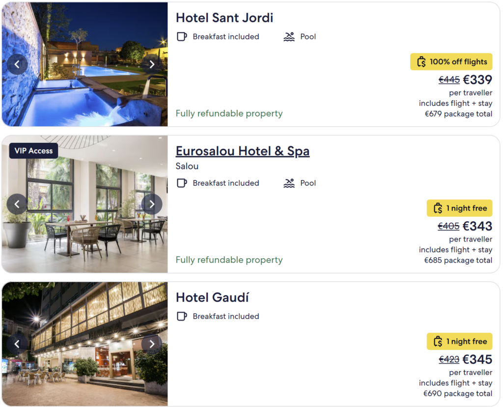 Cheap direct flights from Vilnius to Barcelona from €76 return. Barcelona beach and city skyline with travel dates March 17–24, 2026. Budget city break to Spain.