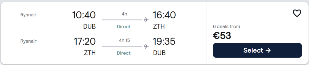 Zante (Zakynthos) flight deal from Dublin showing direct return Ryanair flights from 11 to 18 April 2026 for €53 per person, with turquoise beach and cliff scenery.
