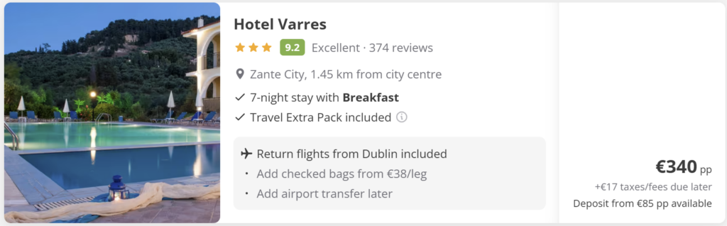 Zante (Zakynthos) flight deal from Dublin showing direct return Ryanair flights from 11 to 18 April 2026 for €53 per person, with turquoise beach and cliff scenery.