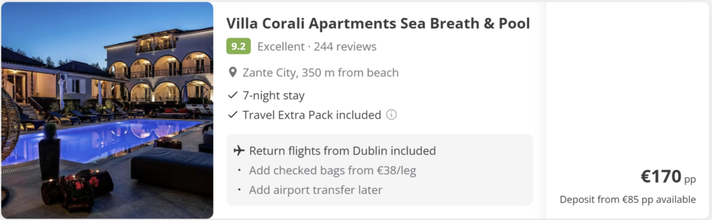 Zante (Zakynthos) flight deal from Dublin showing direct return Ryanair flights from 11 to 18 April 2026 for €53 per person, with turquoise beach and cliff scenery.