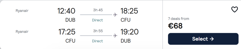 Cheap direct flights from Dublin to Corfu Greece for €68 return, Ryanair flights from 13 to 24 April 2026, featuring turquoise beach and cliff scenery.
