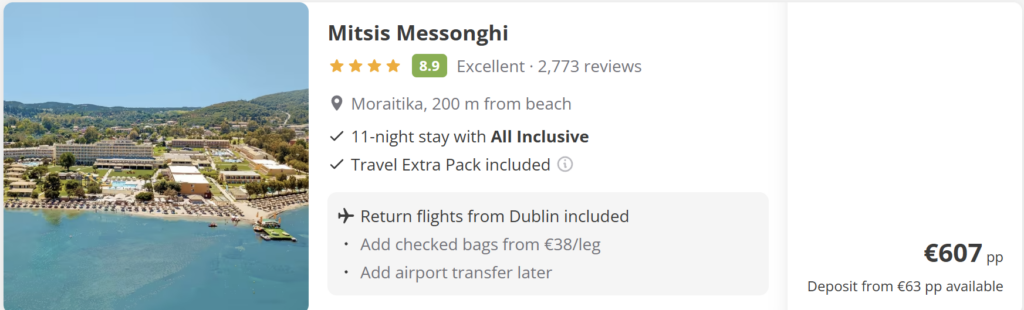 Cheap direct flights from Dublin to Corfu Greece for €68 return, Ryanair flights from 13 to 24 April 2026, featuring turquoise beach and cliff scenery.