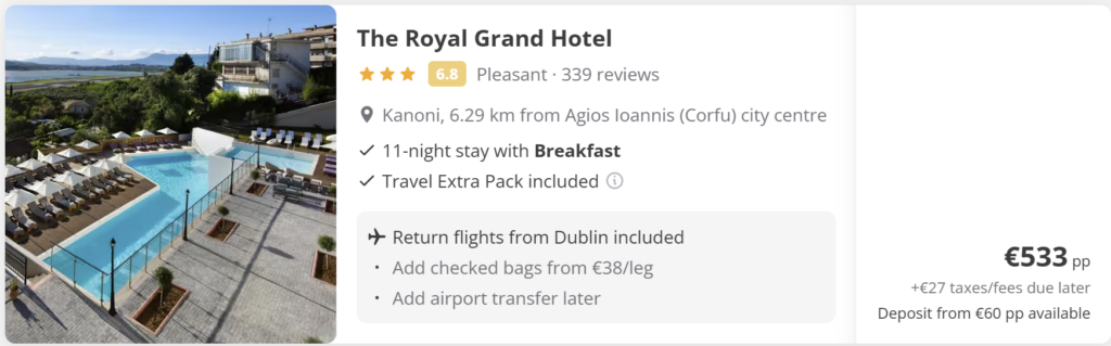 Cheap direct flights from Dublin to Corfu Greece for €68 return, Ryanair flights from 13 to 24 April 2026, featuring turquoise beach and cliff scenery.