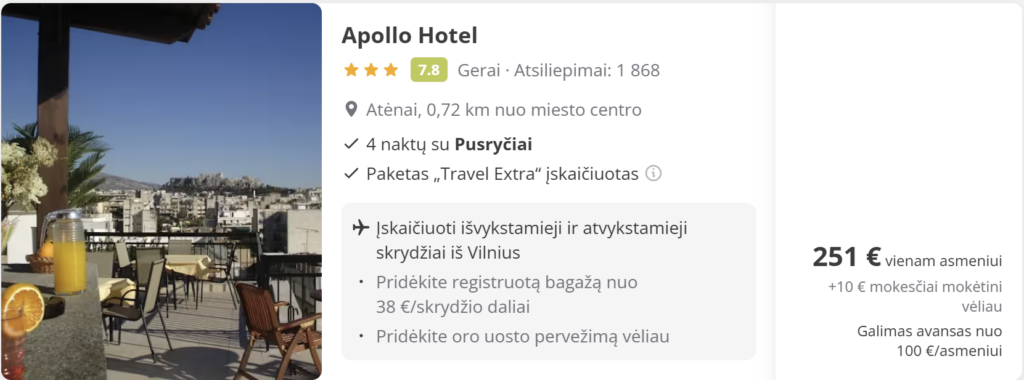 Pigių skrydžių pasiūlymas iš Vilniaus į Atėnus – tiesioginiai Ryanair skrydžiai 2026 m. gegužės 10–14 d. už 97 €, Graikijos miesto panorama su Akropoliu.
