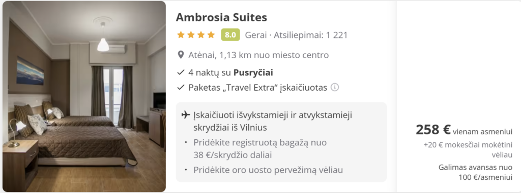 Pigių skrydžių pasiūlymas iš Vilniaus į Atėnus – tiesioginiai Ryanair skrydžiai 2026 m. gegužės 10–14 d. už 97 €, Graikijos miesto panorama su Akropoliu.