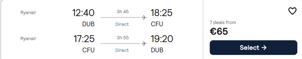 Cheap direct flights from Dublin to Corfu, Greece for €64 return with Ryanair, travel dates 13–24 April 2026, featuring turquoise Corfu coastline and cliffs.