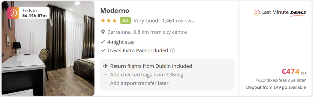 Cheap direct return flights from Dublin to Barcelona for €34 per person, travel dates 18–22 April 2026. Ryanair late evening departures with Barcelona city skyline and Sagrada Familia in background