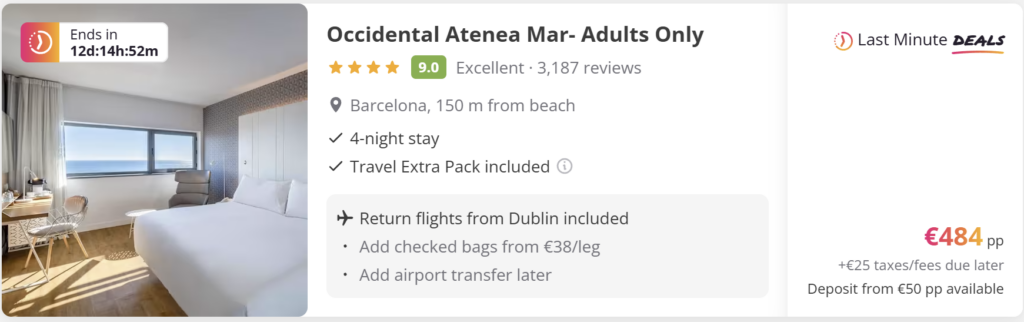 Cheap direct return flights from Dublin to Barcelona for €34 per person, travel dates 18–22 April 2026. Ryanair late evening departures with Barcelona city skyline and Sagrada Familia in background