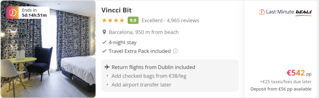Cheap direct return flights from Dublin to Barcelona for €34 per person, travel dates 18–22 April 2026. Ryanair late evening departures with Barcelona city skyline and Sagrada Familia in background
