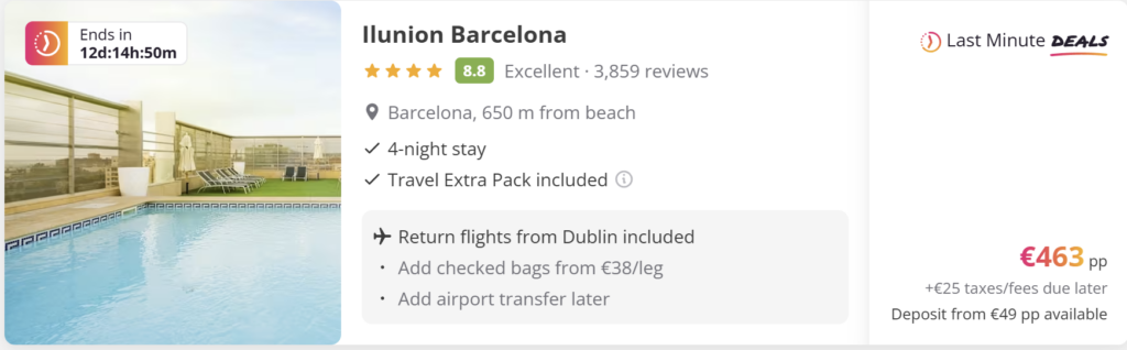 Cheap direct return flights from Dublin to Barcelona for €34 per person, travel dates 18–22 April 2026. Ryanair late evening departures with Barcelona city skyline and Sagrada Familia in background